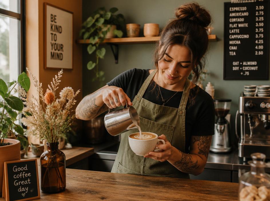 Barista preparing coffee behind a warm wooden counter