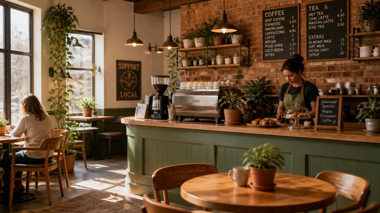 Warm interior of Brew & Bloom coffee shop with sunlight and plants